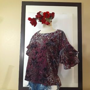 Lily White Mesh Floral Velvet Burnout Bell Sleeve Top Like New